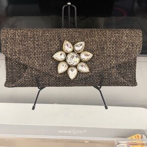 Brown tweed clutch w Gold-trim, Crystal Flower. Bag is sturdy and structured.